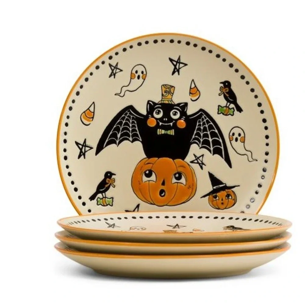 Vintage Style Halloween Salad Plates Set of 4 Bat Cat Pumpkin Ghost Ceramic NEW